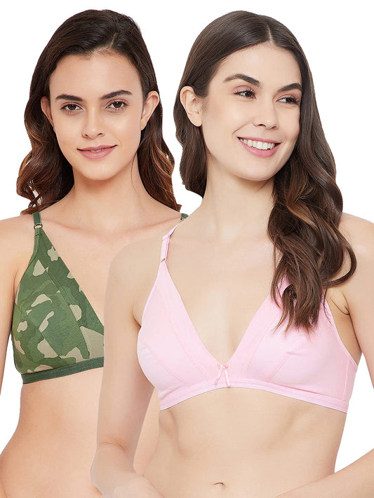 Clovia Womens Cotton Pack of 2 Non-Padded Non-Wired Demi Cup Print Plunge Bra (COMBRC789_Multicolor_32B)