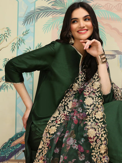 Ishin Green Thread Work Silk Crepe Straight Kurta With Trousers & Dupatta | Kurta Set For Women | Kurta With Trousers And Dupatt