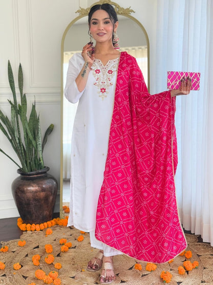 Naixa WomenS White Bsy Viscose Embroidered Straight Kurta With Bsy Viscose Pant And Silk Blend Laced Dupatta Sets (Nx-646-White