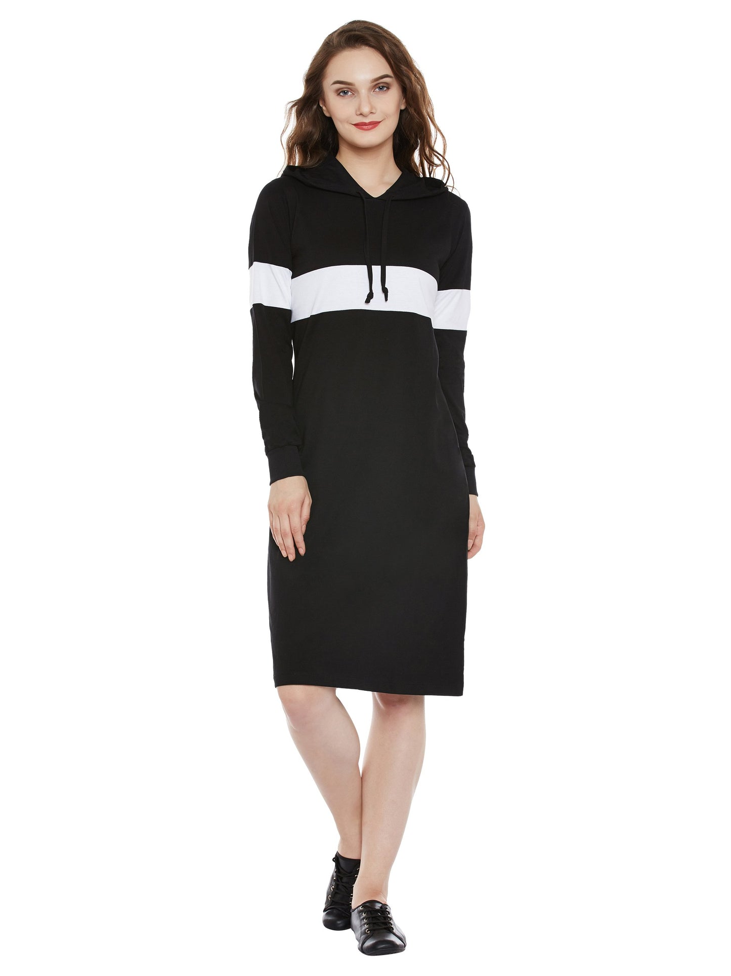 Miss Chase WomenS Round Neck Full Sleeve Knee-Long Hooded Dress (Mcaw25D90-05-98-02, Black And White, Xs)