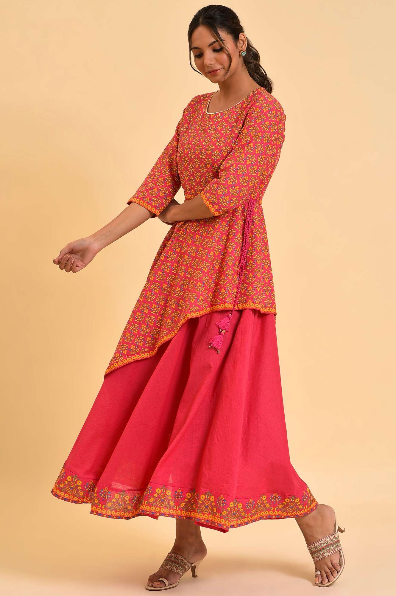 W For Woman WomenS Cotton Pink Printed Asymmetrical Festive Dress Knee-Length 23Few19205-121193