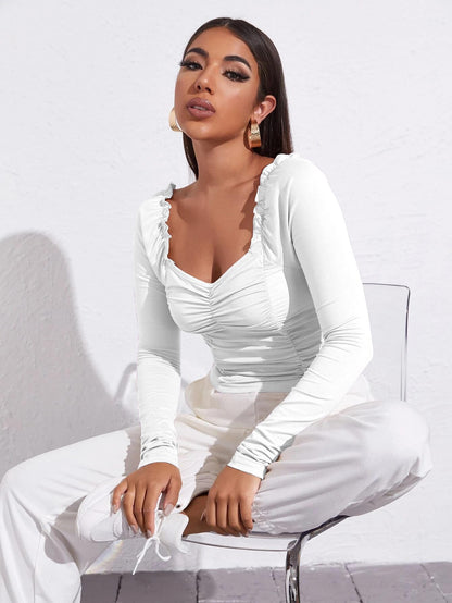 AVANOVA Womens & Girls White Full Sleeve, Sweat Hear Neck, Frill Trim Ruched Crop Top for Women, Tops, T-Shirts for Girls (TOP