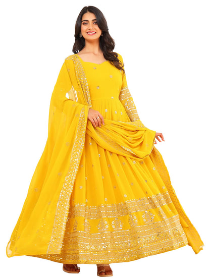Fashion Basket Georegtte Anarkali Long Dress For Women Yellow