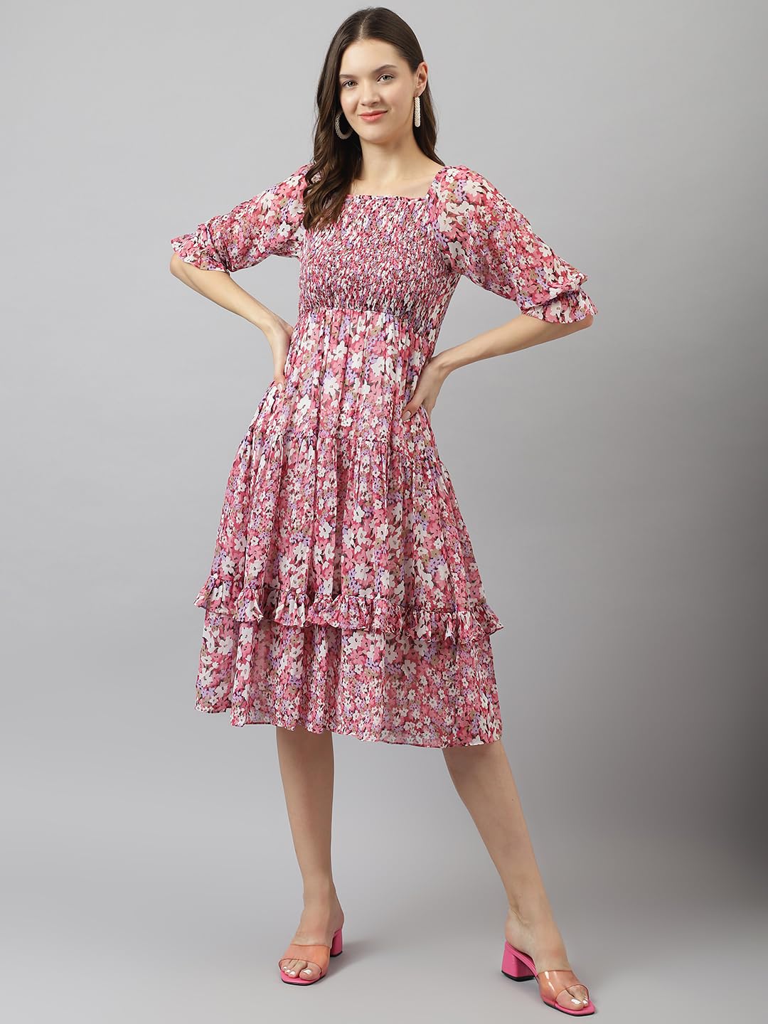 Toochki WomenS Pink Georgette Floral Tiered Western Knee Length Dress A Line Suitable In Summer Wear Latest Trendy Midi Dress