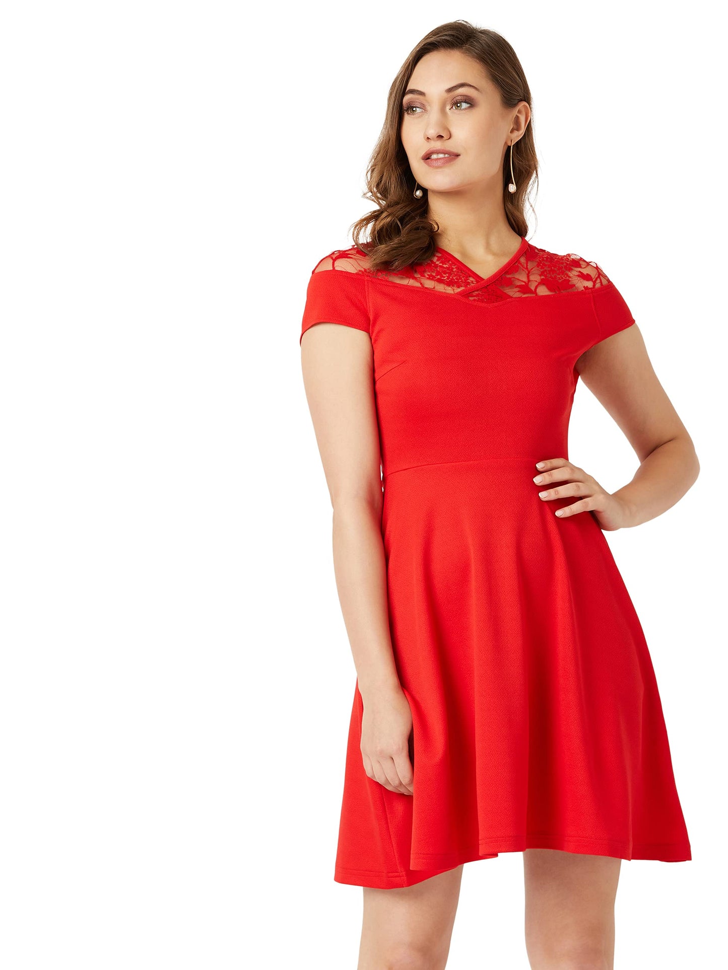 Miss Chase WomenS Red V-Neck Cap Sleeves Floral Skater Knee Length Dress (Mcss20D04-40-64-05,Red,L)