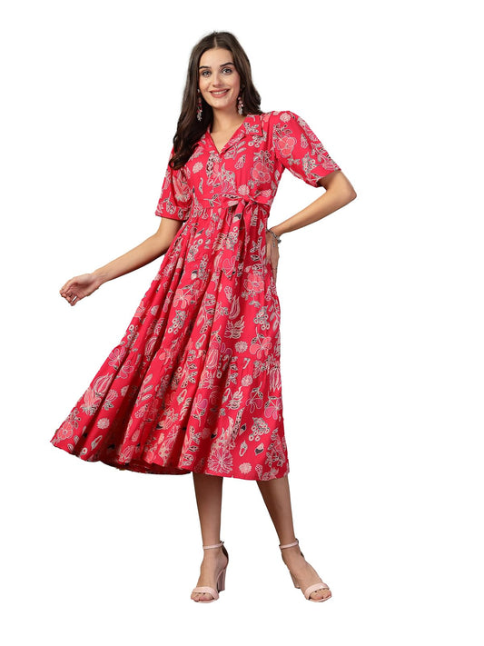 Stylum Womens Pink Tropical Printed Rayon Tiered Dress