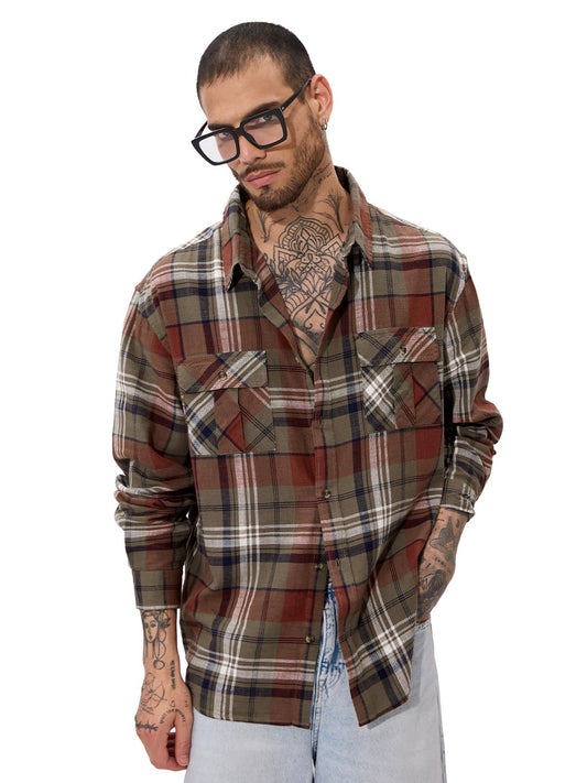 The Souled Store Plaid Originals: Brown, Rust, Black Men and Boys Long Sleeve Collared Neck Regular Fit Cotton Button Down Utili