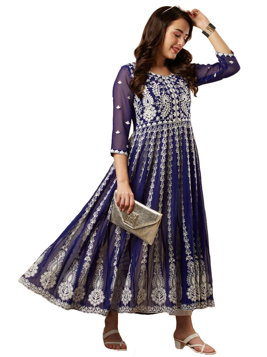 ANNI DESIGNER Womens Georgette Chikankari Embroidered Anarkali Kurta (Kari Blue-BGT_S_Blue_Small)