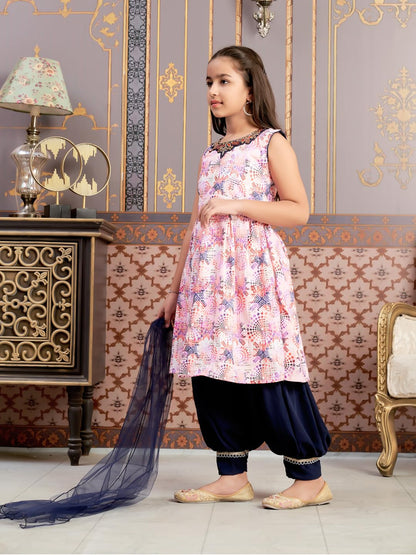 Aarika Girls Ethnic Wear Navy Blue-White Colour Beads Hand Embroidery Cotton Blend Kurti Patiala Set With Dupatta-3-9 Years (Pt-