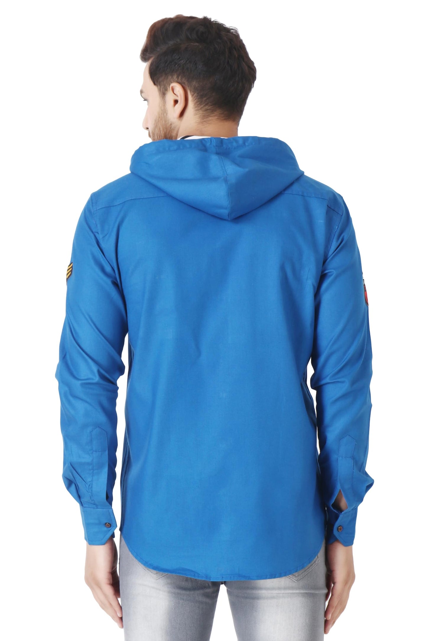 Besix MenS Blue Tailored Fit Cotton Blend Shirt For Man With Hoodie - Casual Long Sleeve Shirt With Pockets - Patch Detail For