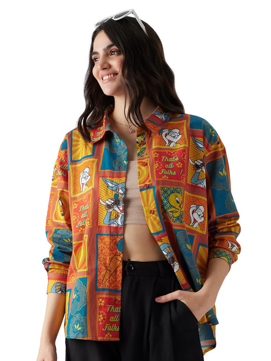 The Souled Store Official Looney Tunes: Indie Vibes Women Oversize Fit Full Sleeves Graphic Printed Polyester Multicolored Shirt