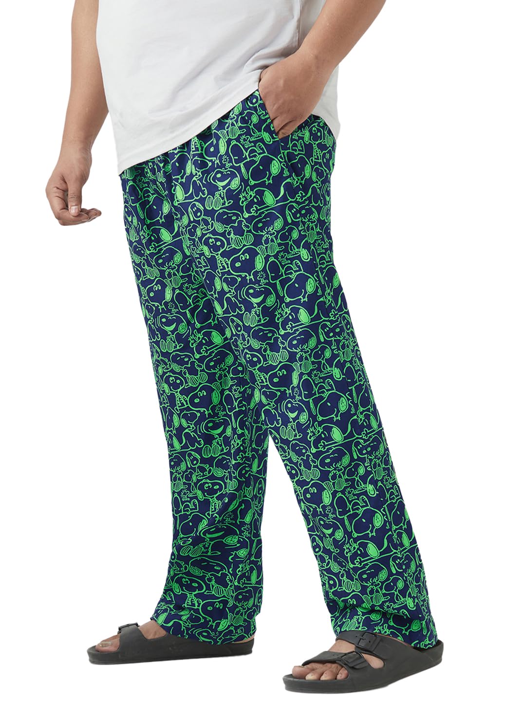 Bewakoof Official Peanuts Merchandise Snoopy Mens All Over Printed Regular Fit Poplin Plus Size Pyjamas_642207_Blue_4XL