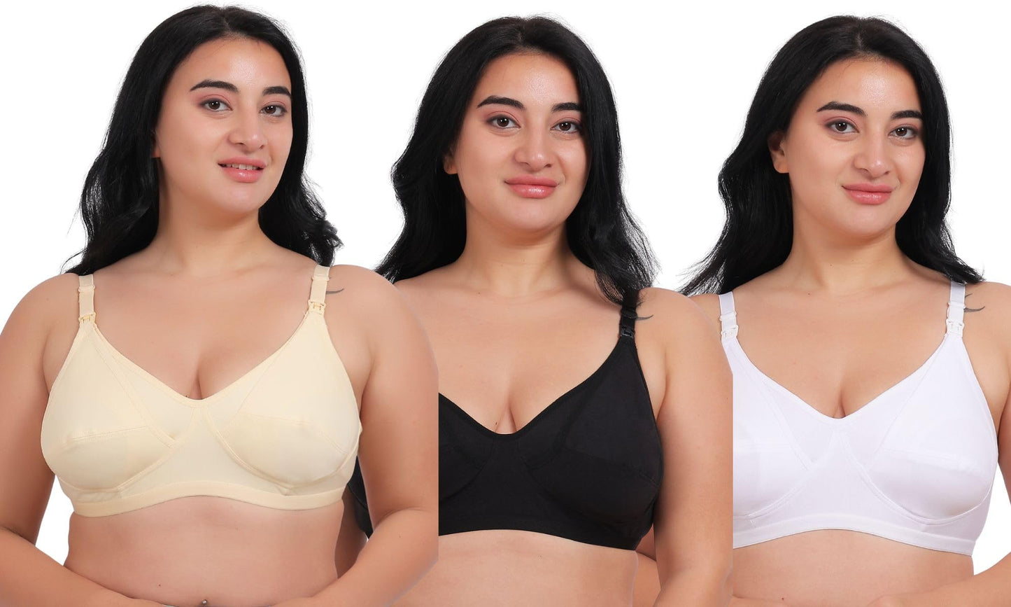 Fabme WomenS Cotton Wire Free Casual Nursing Bra (Pack Of 3) (Po3-Br_14_Skin, White, Black