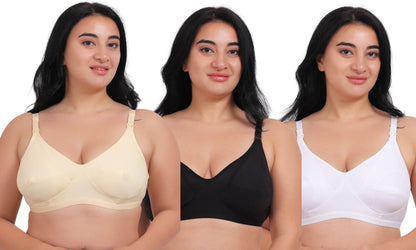 Fabme WomenS Cotton Wire Free Casual Nursing Bra (Pack Of 3) (Po3-Br_14_Skin, White, Black
