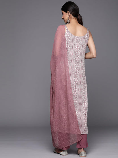 Varanga Women Mauve Embroidered Kurta Paired With Solid Tonal Bottom And Chiffon Dotted Dupatta