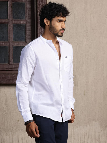 Thomas Scott 100% Cotton Linen Mandarin Collar Roll Up Sleeve Casual Shirts for Mens White