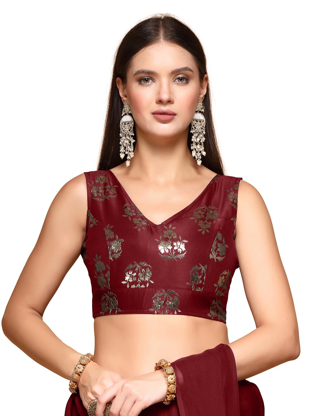Oomph! Readymade Blouse For Women, Brocade, Sleeveless, V-Neck, Rbbl673