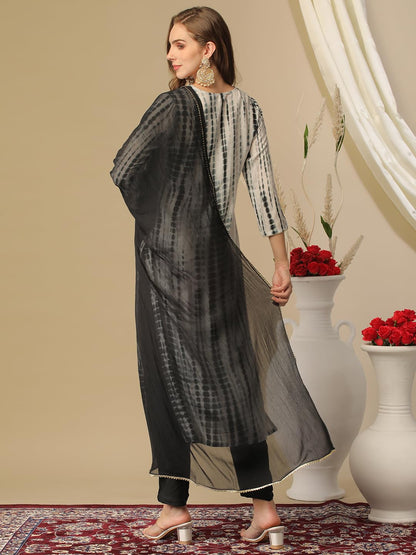 GoSriKi Ladies Cotton Blend Cropped Trousers & Dupatta Kurta, Black, Size S, Model TIEDYE-BEGANI-GS