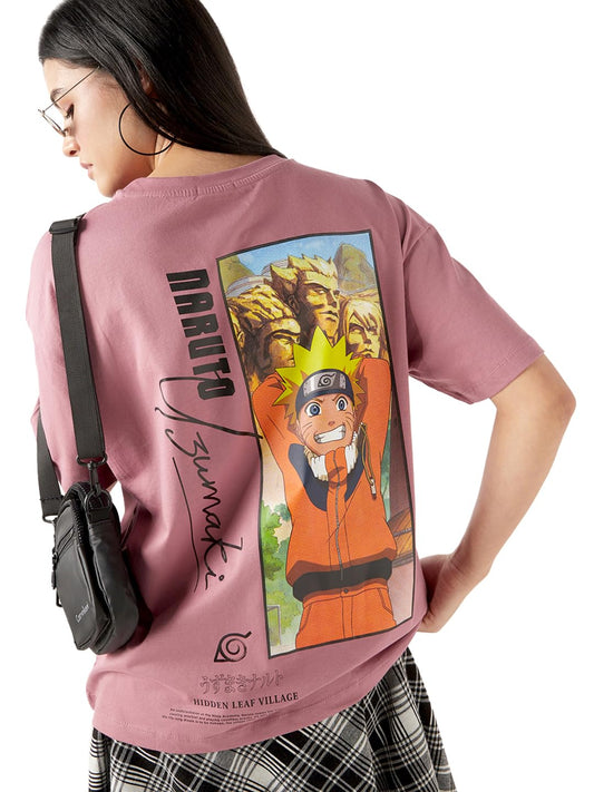 Bewakoof Official Naruto Merchandise Womens Graphic Print Oversized Fit Half Sleeve Round Neck Cotton Jersey T-Shirt_649989_Pur