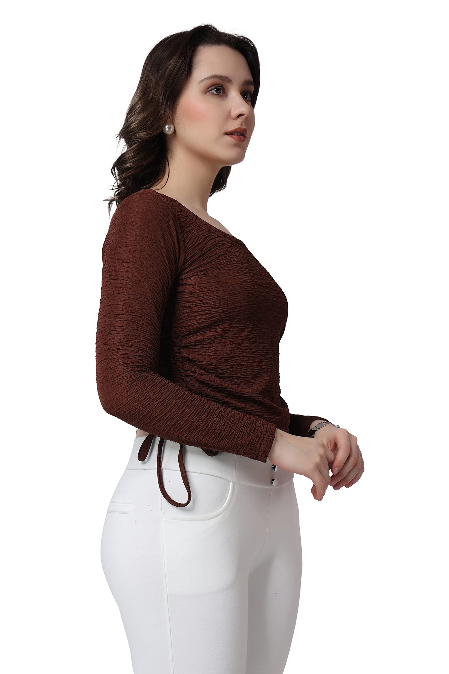 POPWINGS Casual Self Design Regular Fit Polyester Full Sleeves Crop Tops for Women with Crush String Brown