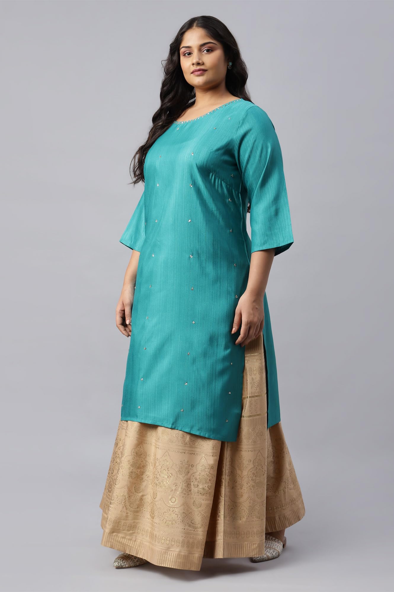 W for Woman Teal Straight Plus Size Kurta with Sequin Highlight