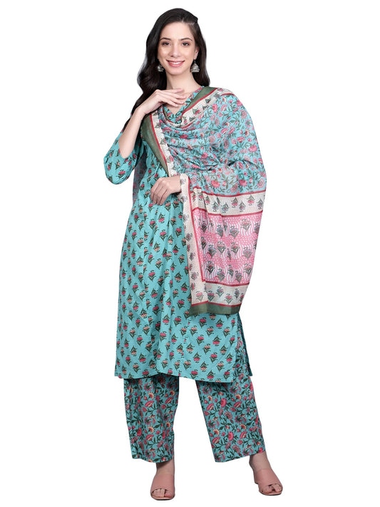 idaLia Teal Blue Printed Kurta Set with Dupatta