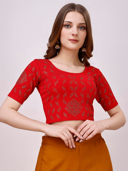 Vihu Fashion Womens Readymade Hosiery Lycra Stretchable Round Neck Half Sleeve Blouse with swaroski Work Fancy Lycra Stretchabl