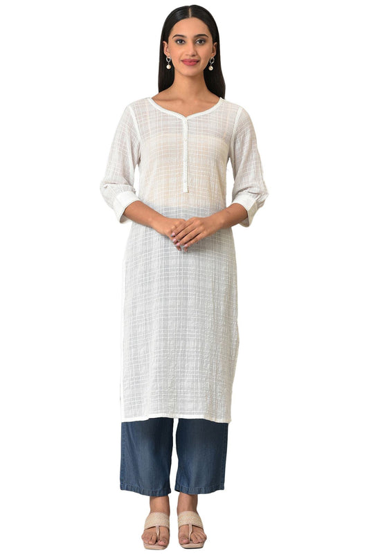 Aurelia White Self-Design Cotton Straight Long Kurta