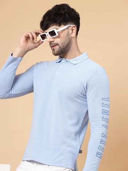 Rigo Full Sleeve Casual Wear Solid Polo T-Shirts for Men | Slim Fit Collar T-Shirts for Men Light Blue