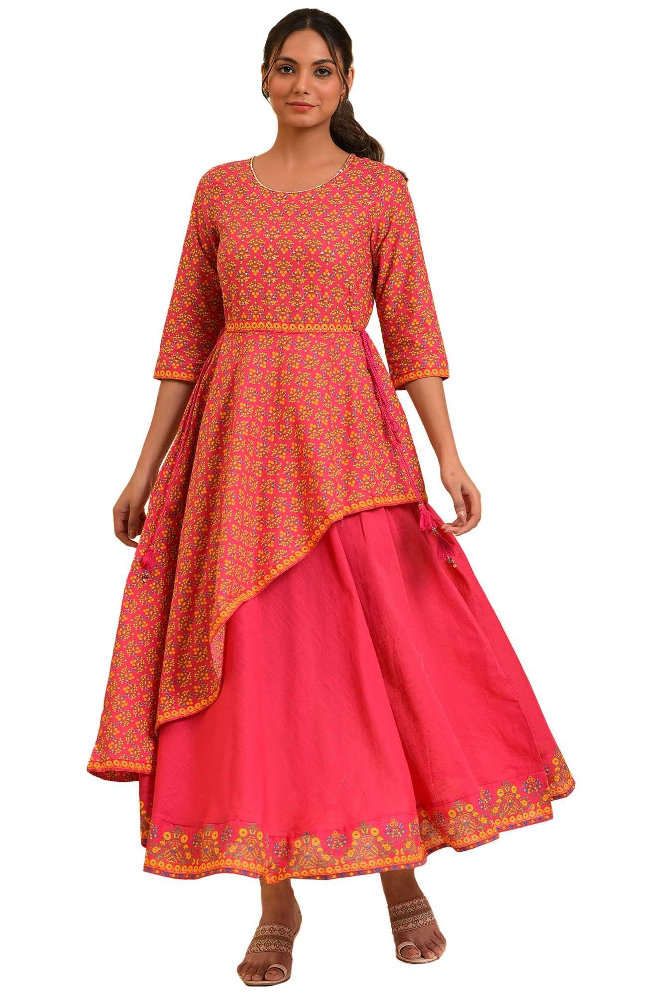 W For Woman WomenS Cotton Pink Printed Asymmetrical Festive Dress Knee-Length 23Few19205-121193