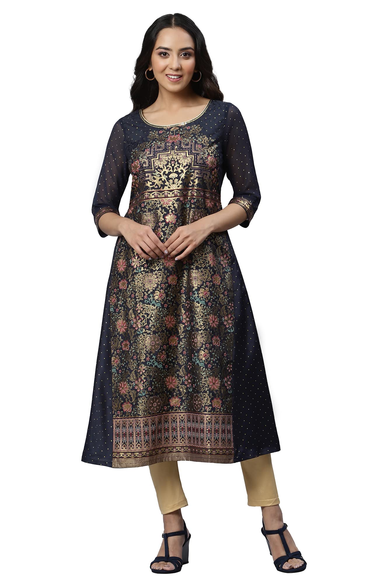 Aurelia Women'S Polyester Carbon Floral Round Neck Straight Kurta_22Aua12658-504861_L