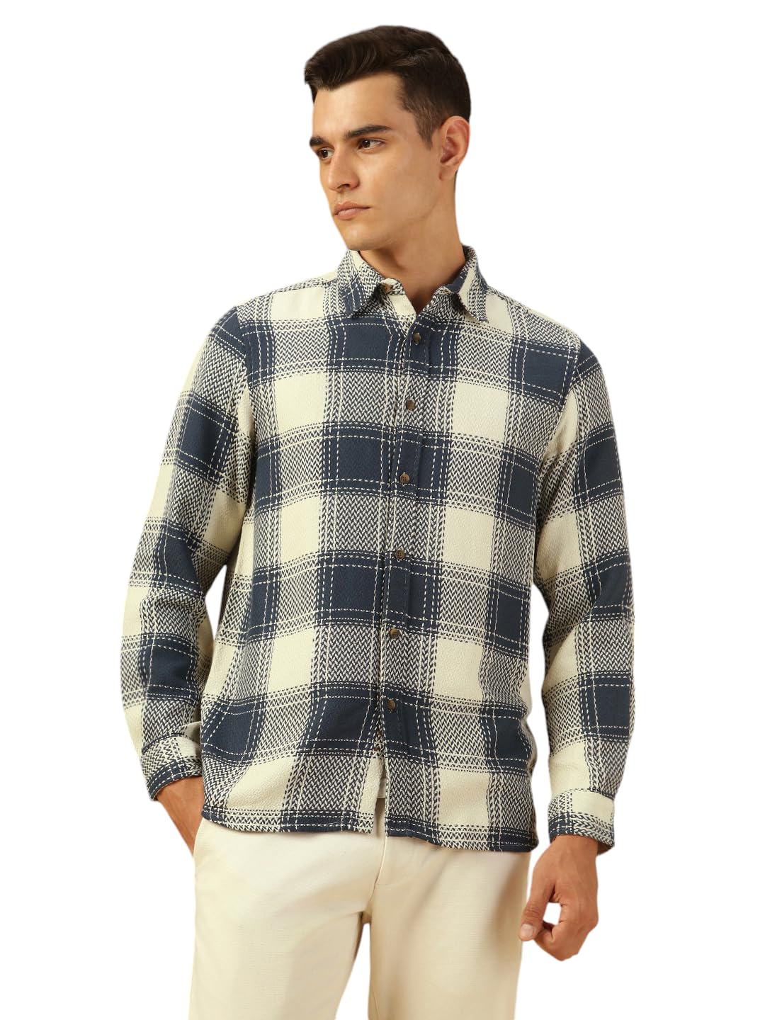 Dennis Lingo Men Relaxed Fit Cotton Checks Full-Sleeves Spread Collar Flannel Shirt Shirt Navy Blue