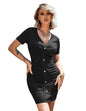 Sugathari Black Casual Ruched Bodycon Ribbed Sexy V Neck Button Down Stretchy Fitted Cocktail Party Club Mini Dresses (Midi 122
