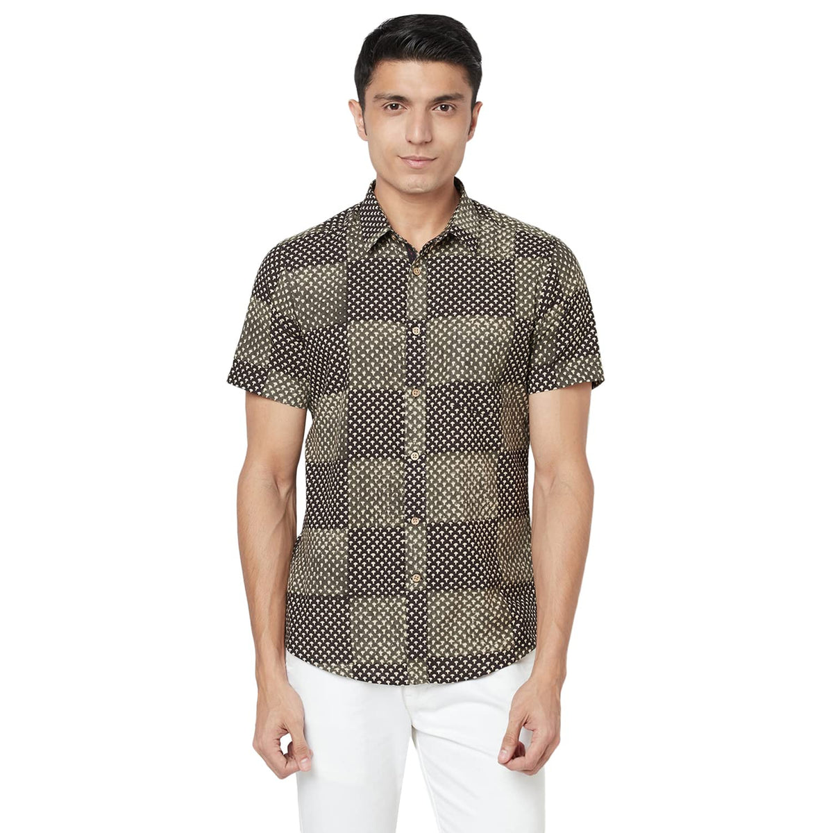 Fabindia MenS Printed Slim Shirt_Grey S