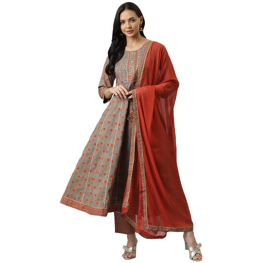 Stylum Women's Floral Printed Cotton Anarkali Kurta Pant Dupatta Set (Grey)