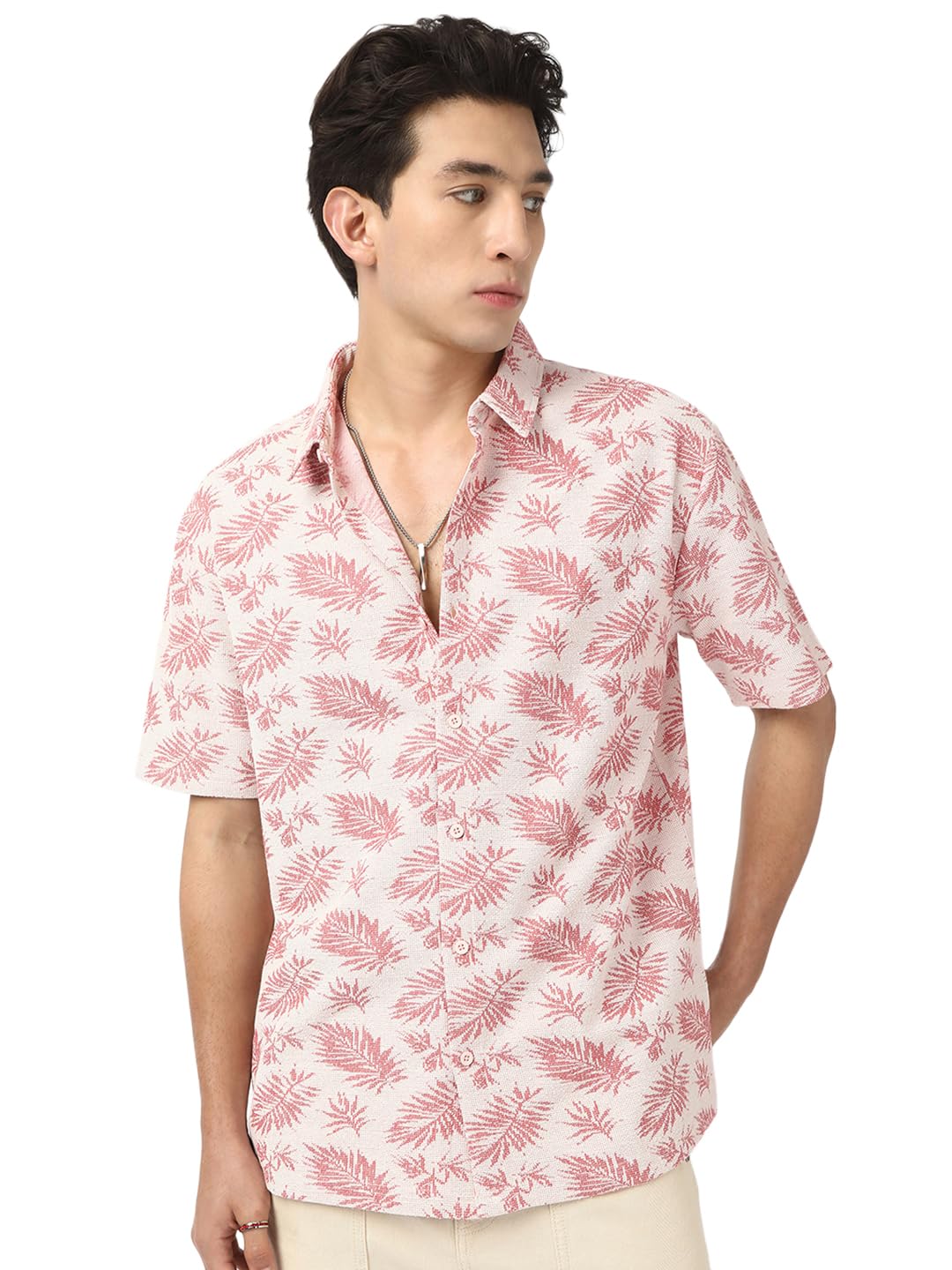 Bewakoof Mens All Over Printed Oversized Fit Half Sleeve Resort Collar Jacquard Shirt_677336_Orange_XL