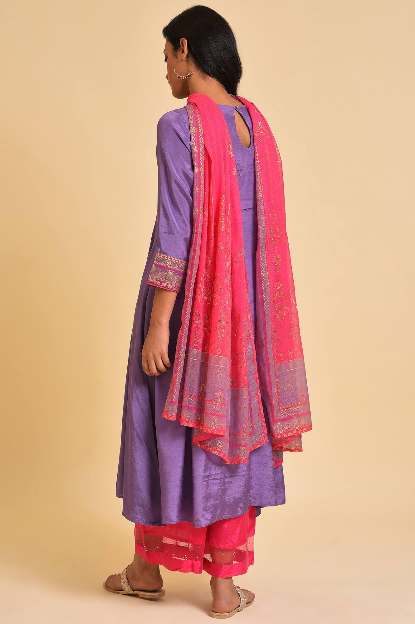 Wishful By W Women Shantung Embroidered Flared Purple Kurta And Pants Set With Dupatta | Embroidered Ethnic Kurta Set With Dupat