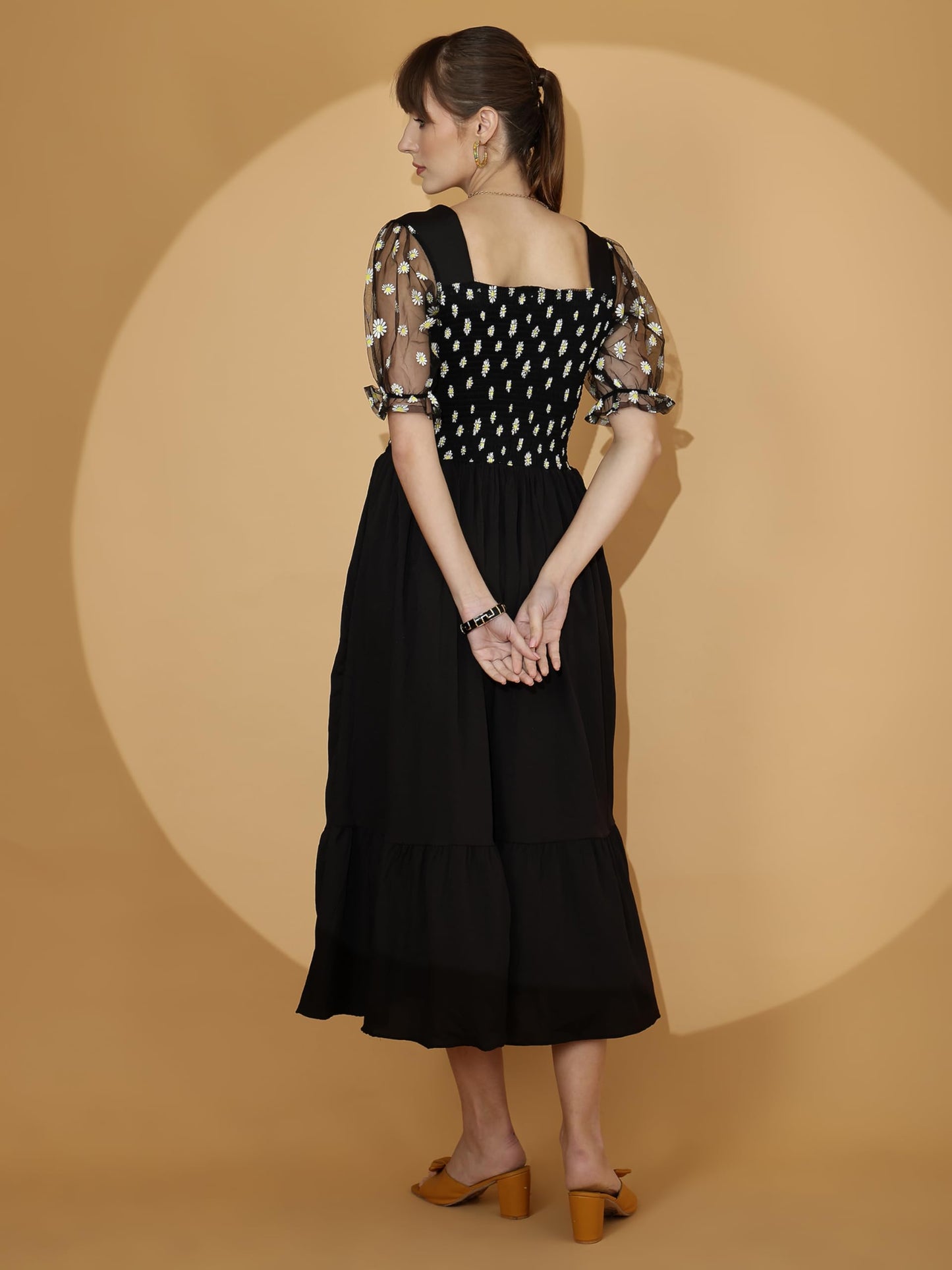 Sheetal Associates WomenS Casual Puff Sleeves Crepe Floral Fit And Flare Dress Black