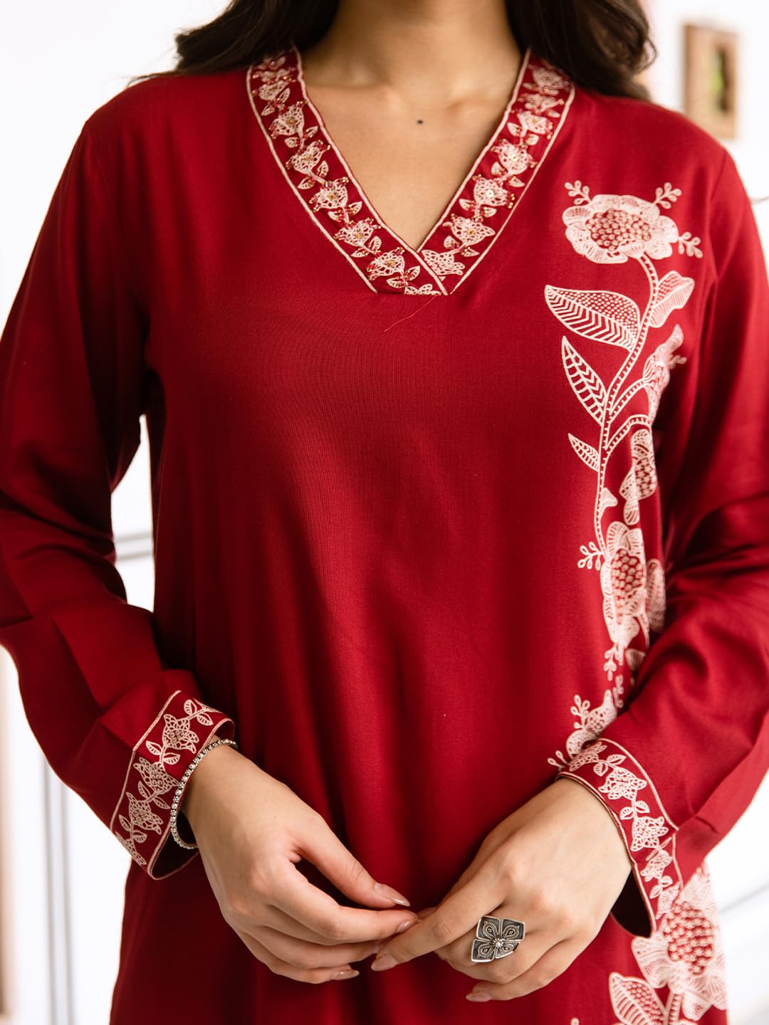 ishin Maroon Floral printed kurta with solid palazzo