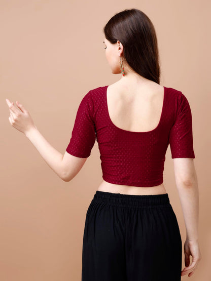 Pujia Mills WomenS Readymade Dobby Cotton Lycra Stretchable Round Neck Half Sleeve Blouse Fancy Maroon Color Lycra Stretchable