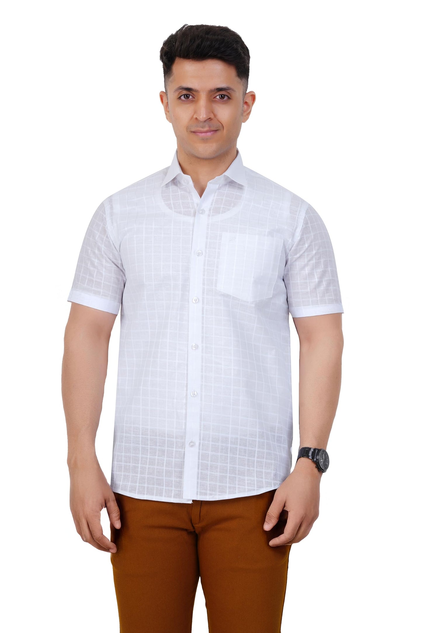 PRAKASAM COTTON Self Design Poly Cotton Moon Light White Half Sleeve Shirt for Mens/Regular Fit Half Sleeve Shirt for Mens