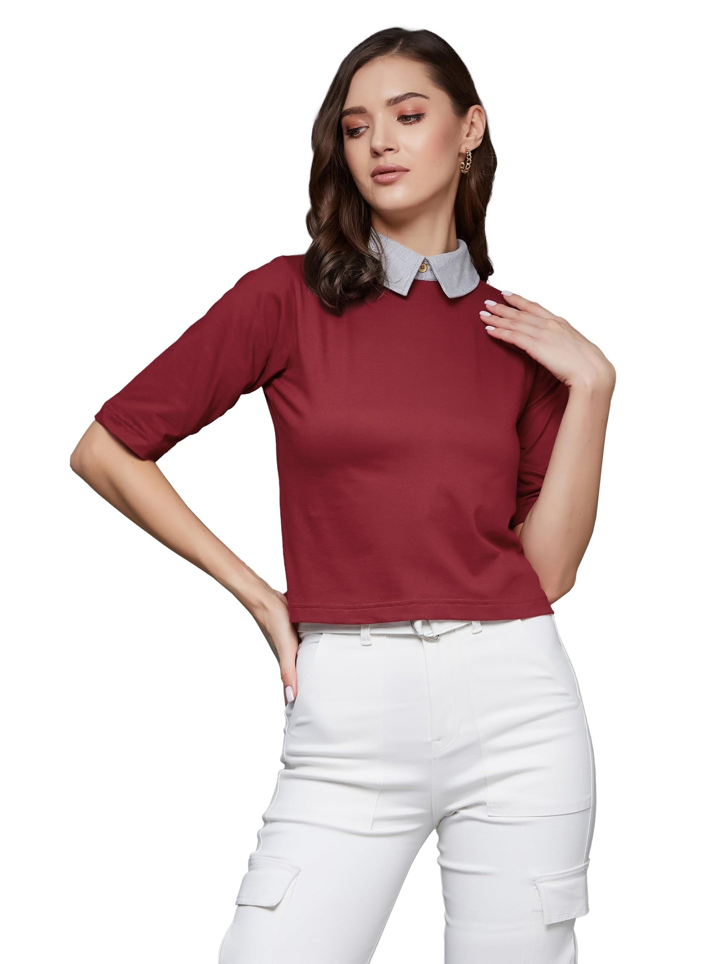 Miss Chase WomenS Collar Neck Half Sleeves Solid Boxy Crop Top (Mcaw23Tp99-52-153-06, Maroon And Grey, Xl)