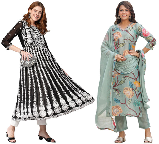 ANNI DESIGNER Womens Cotton Blend Embroidered Straight Kurti Pant Dupatta Set Combo Pack of 2 (Twig Pista & Kari Black_2107_Mul
