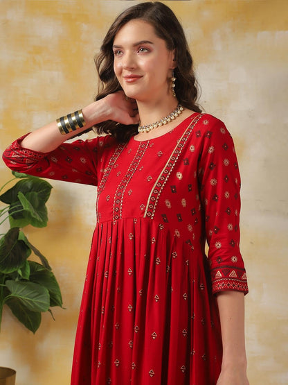 rangita Red Rayon Calf Length Printed Anarkali Kurti for Women | Kurta for Women