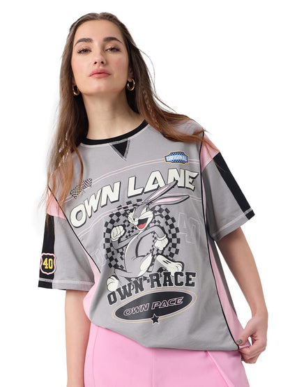 The Souled Store Bugs Bunny: Own Lane Women and Girls Short Sleeves Round Neck Grey Graphic Printed Cotton Oversized T-Shirts