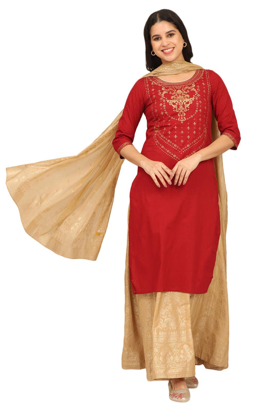 Aurelia Women's Blue Foil Printed Yoke Pure Cotton Straight Kurta, Skirt and Dupatta Set