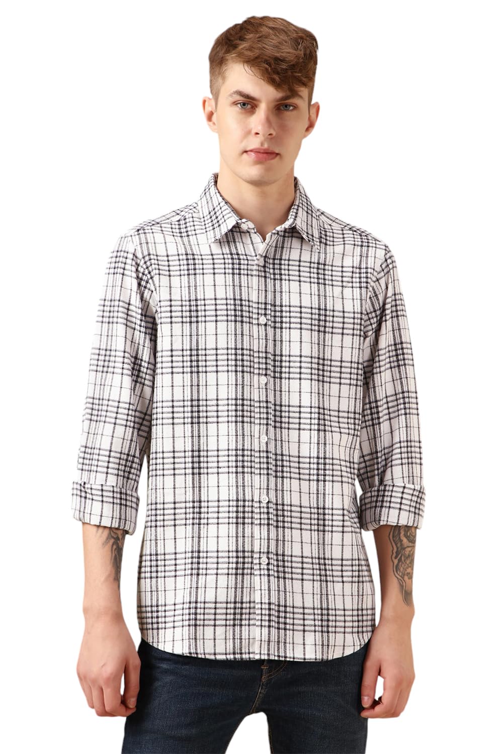 Dennis Lingo Men White 100% Cotton Full Sleeve Spread Collar Checks Shirts