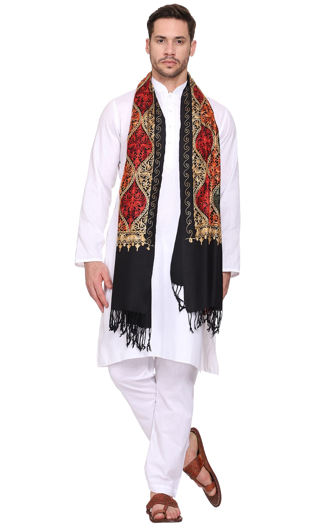 Weavers Villa Mens Matka Embroided Cashmilon Gents Shawls, Stoles, Muffler for Men, 70cm x 200cm