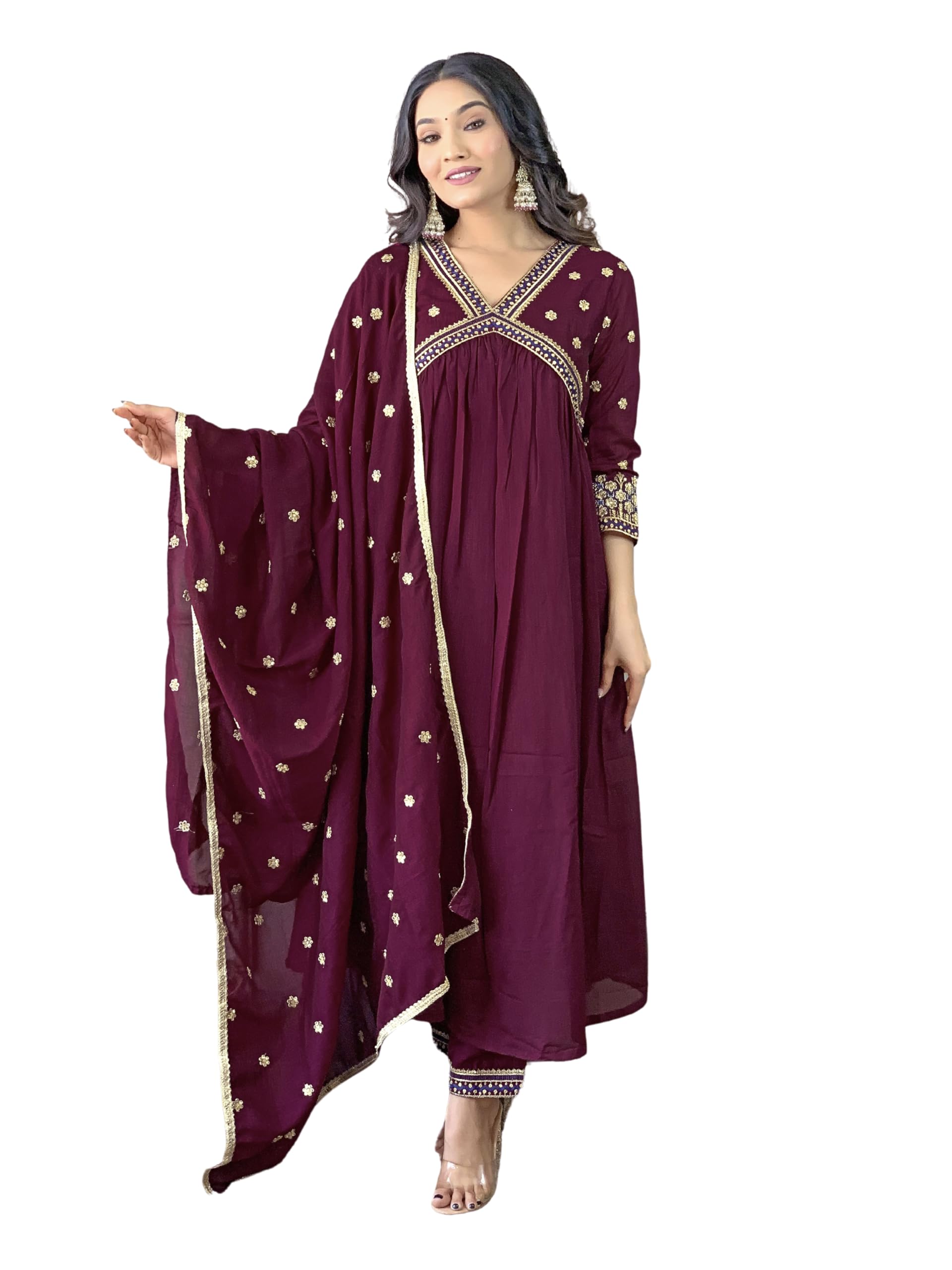 Naixa Womens Wine Vichitra Silk Embroidered A-line Kurta with Vichitra Silk Pant and Chinon Embroidered Dupatta Sets (NK-442-Wi