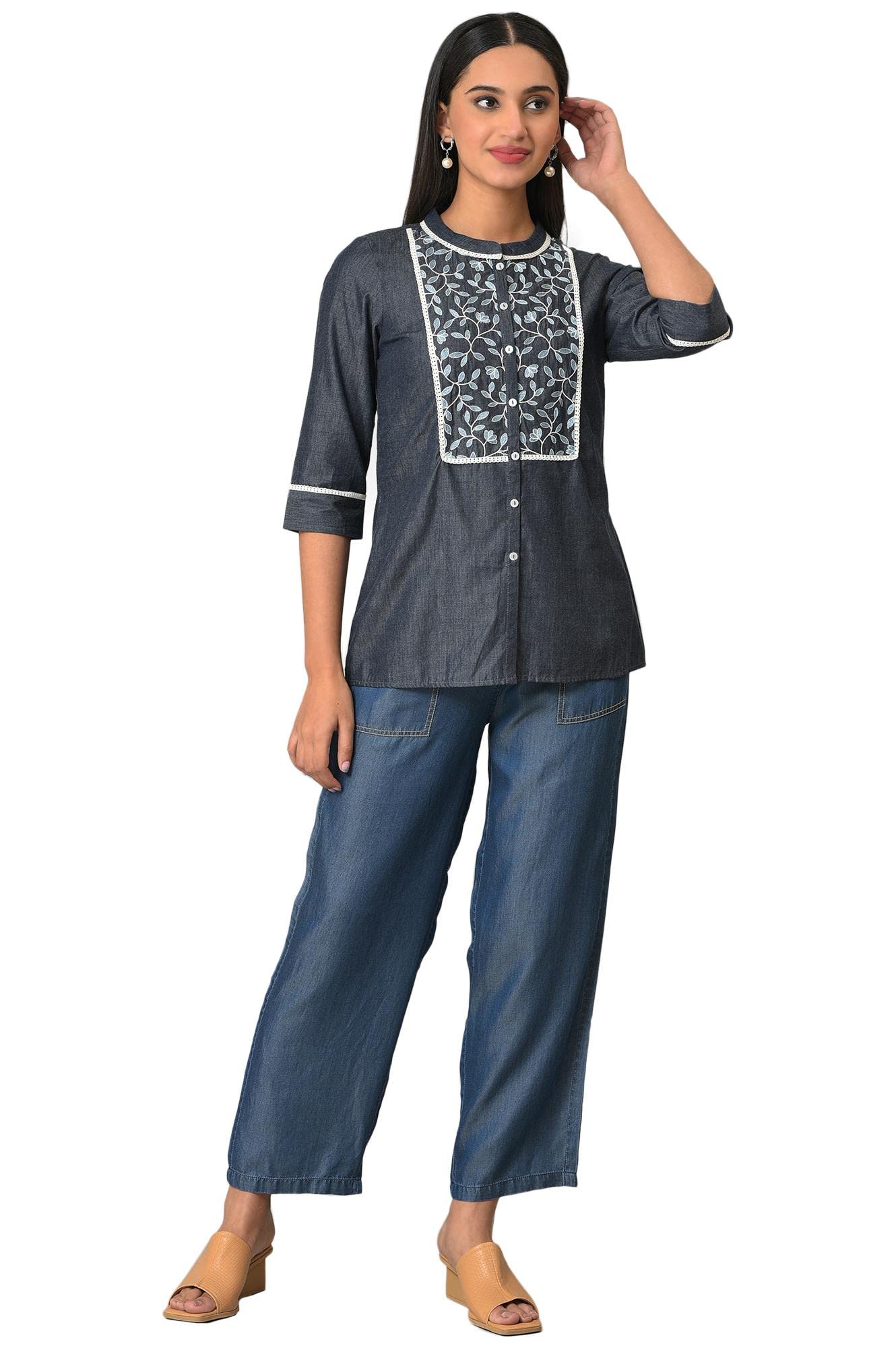 Aurelia Women's Lyocell Kurti & Pant (23FEAS30376-704093_Blue
